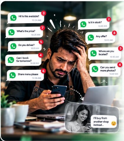A stressed shop owner with many unanswered WhatsApp messages